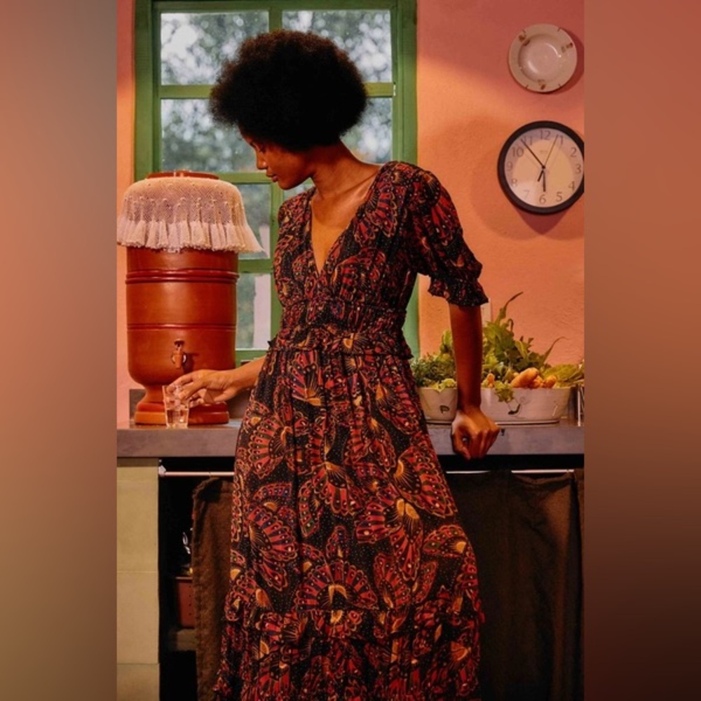 FARM Rio Black Maxi Dress with Red and Orange Floral Print